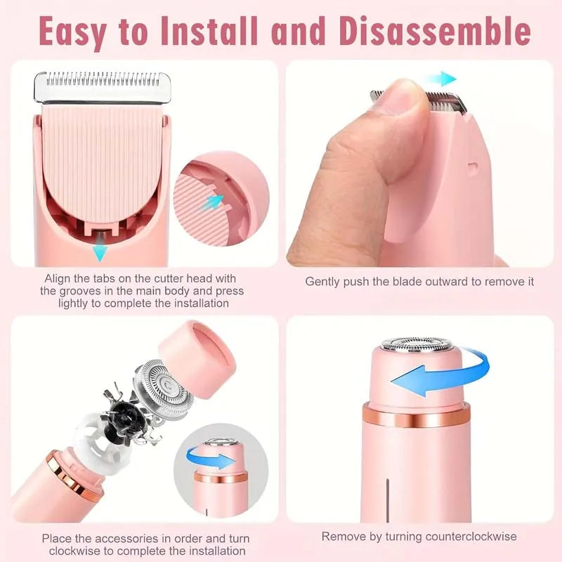 Rasoir électrique rechargeable 2-en-1 pour femme – Double tête, étanche, tondeuse bikini et rasoir pour le corps et le visage.