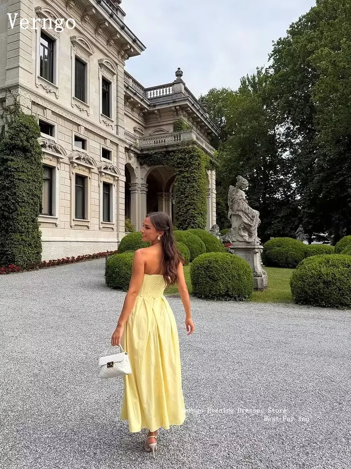 Verngo Baby Yellow Crepe Evening Dress Sweetheart A Line Pleated Prom Gowns Modern Simple Party Dresses Customized