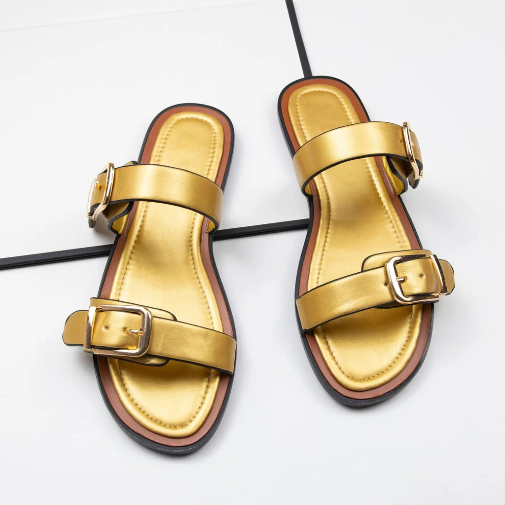 Ladies Casual Buckle Strap Flat Sandals – Open Toe Leather Slide Slippers for Summer Beach & Daily Use