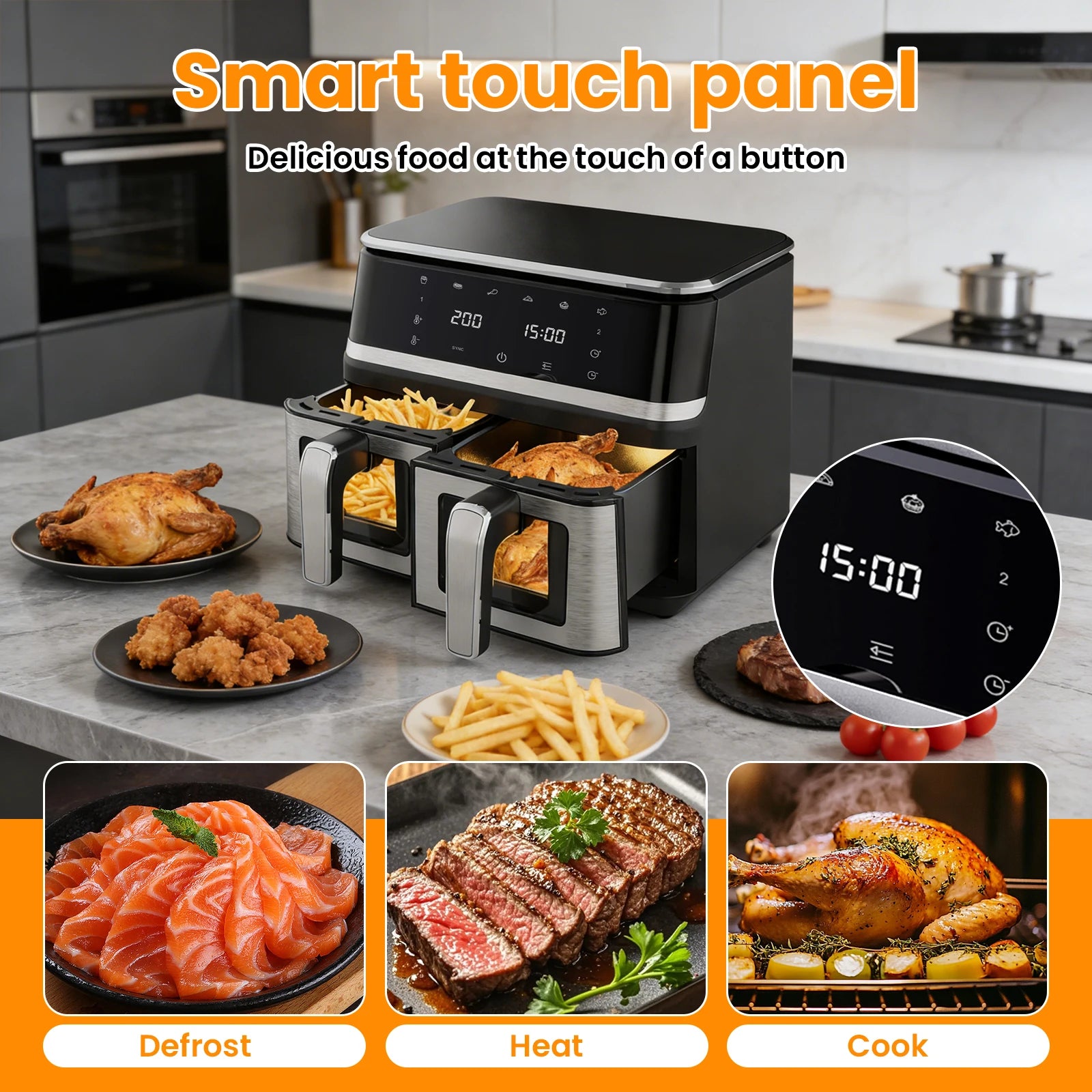 Friteuse à air double panier 9 L – 12 programmes, écran tactile et fenêtre transparente