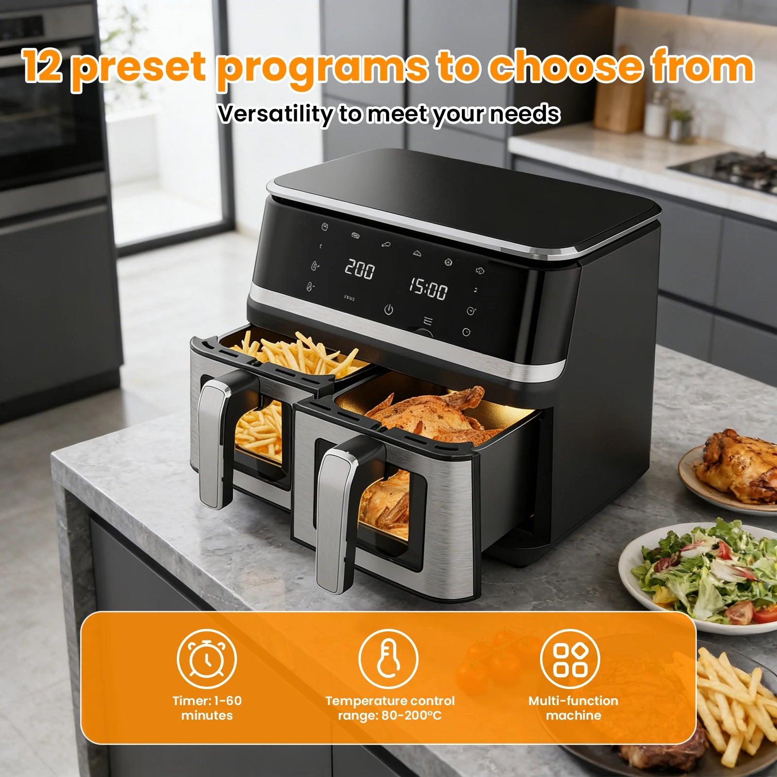 Friteuse à air double panier 9 L – 12 programmes, écran tactile et fenêtre transparente