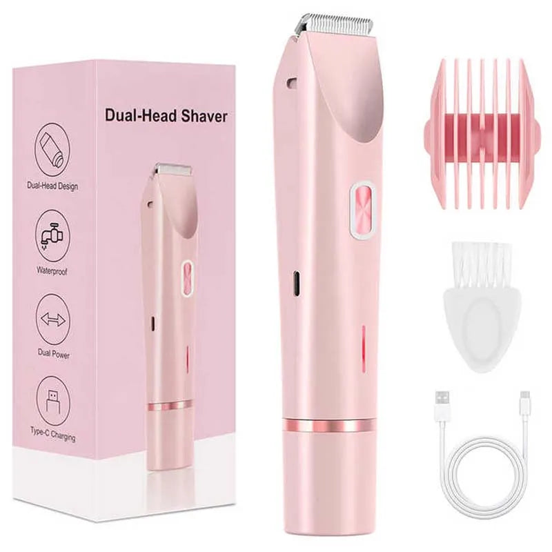 Rasoir électrique rechargeable 2-en-1 pour femme – Double tête, étanche, tondeuse bikini et rasoir pour le corps et le visage.