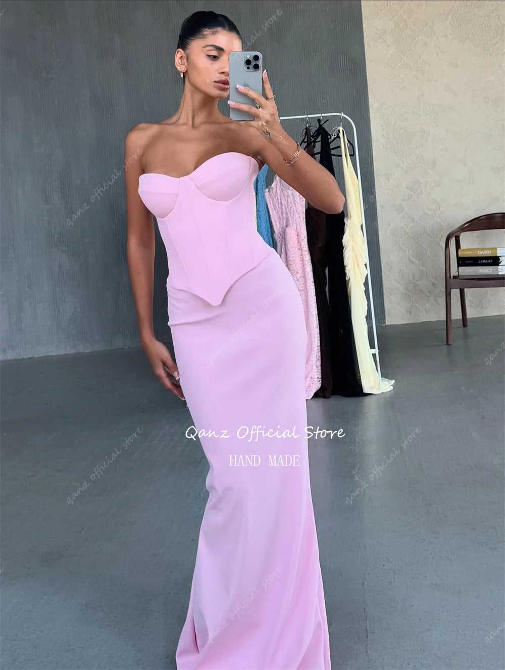 Qanz Pink Women Prom Dress Sweerhert Corset Back Evening Dresses Woman Elegant 2 Pieces Mermaid Vestidos De Gala Customized