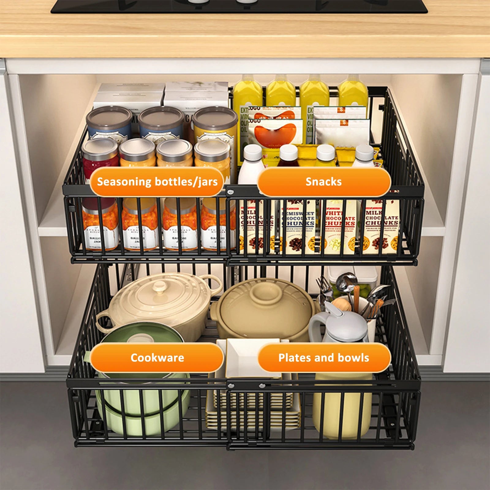 Pull Out Cabinet Organizer Slide Out Drawer Storage Shelves Sliding Cabinet Basket with Silent Slide for Kitchen Office Bedroom
