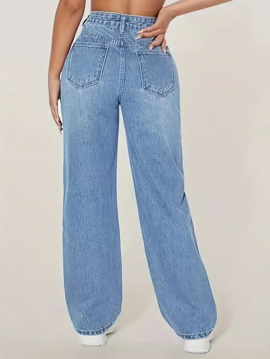 Women's Blue Ripped Jeans for Spring and Summer; Black Distressed Non-stretch Denim Pants with Frayed Hems for Fall.
