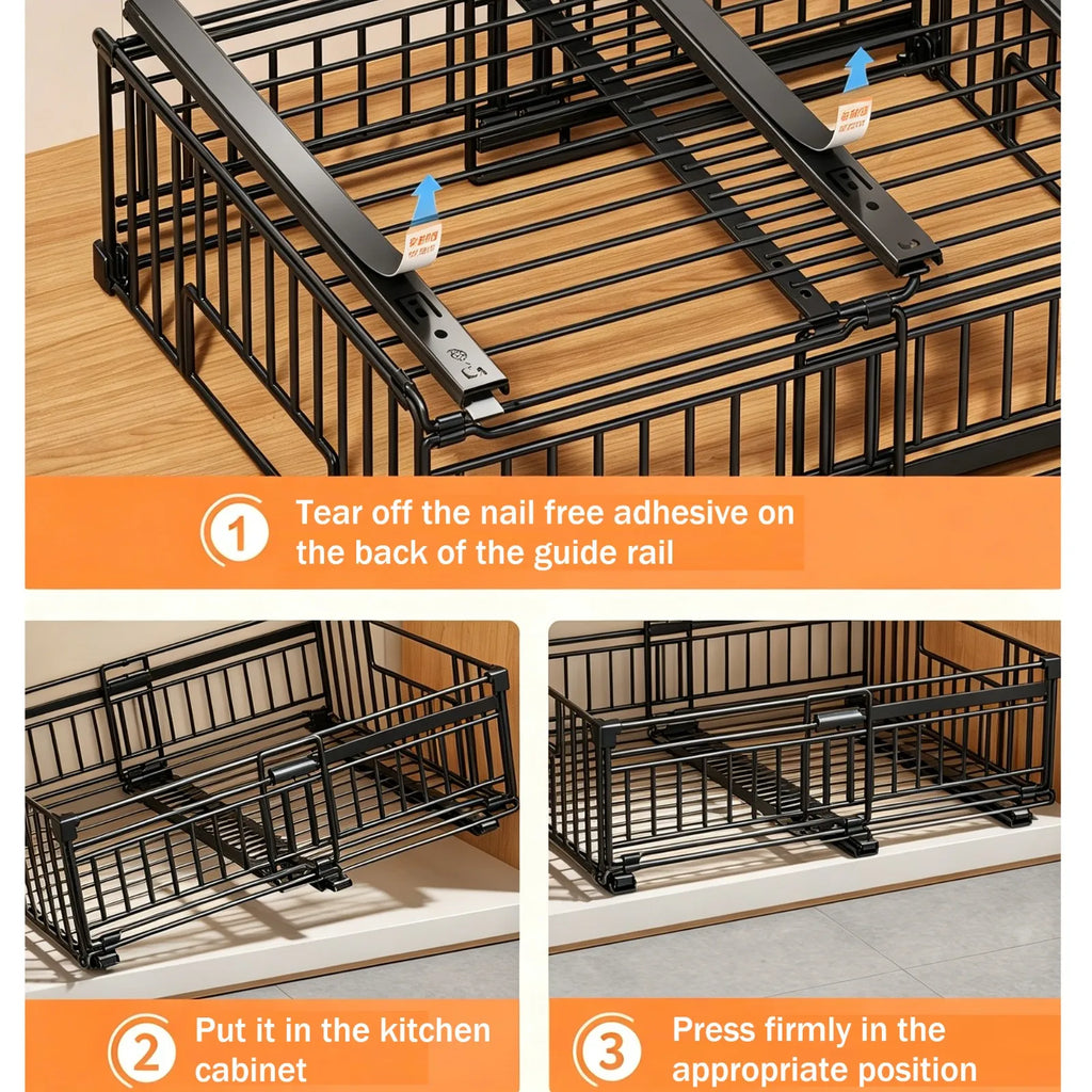 2Pcs Pull-out Cabinet Storage Rack Kitchen Scalable No-drilling Sliding Storage Drawer Racks for Seasoning&Sundries Organizer