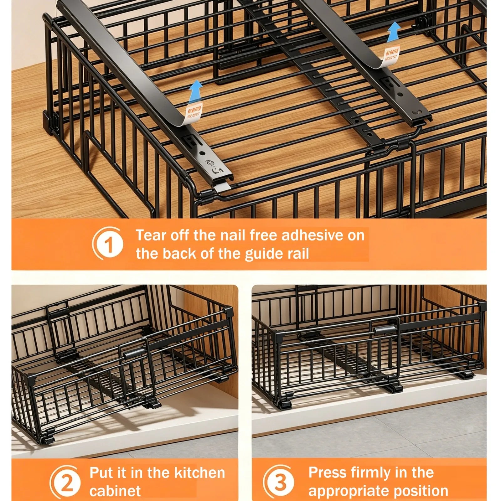 2Pcs Pull-out Cabinet Storage Rack Kitchen Scalable No-drilling Sliding Storage Drawer Racks for Seasoning&Sundries Organizer