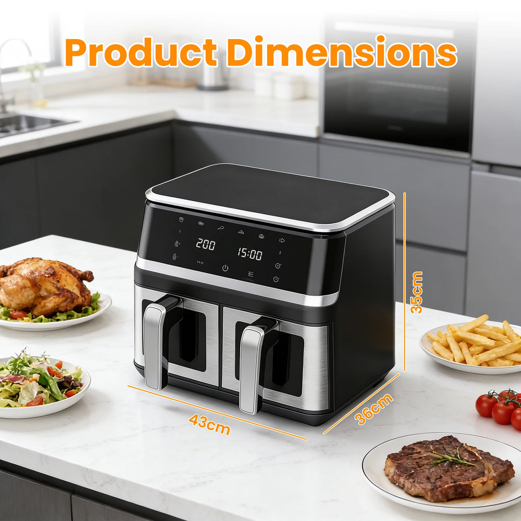Friteuse à air double panier 9 L – 12 programmes, écran tactile et fenêtre transparente