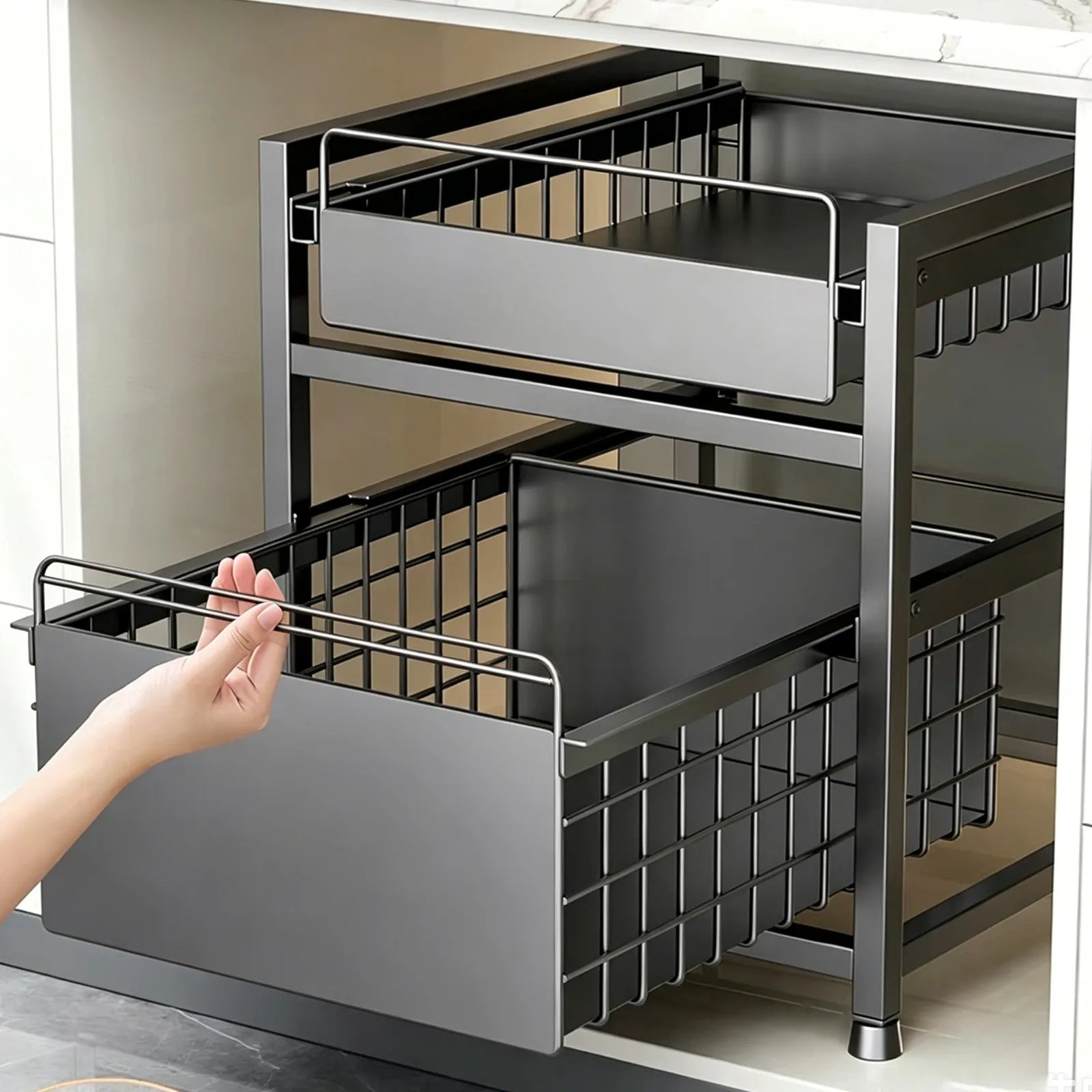 2 Tier Pull Out Cabinet Organizer Adjustable Kitchen Storage Rack Under Sink Organizer Spice Storage Rack Sliding Storage Drawer