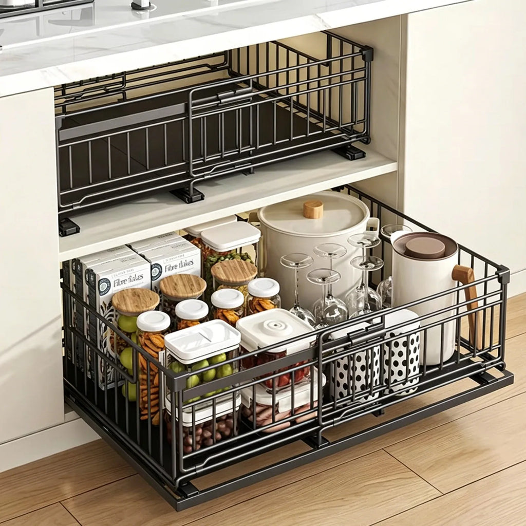 2Pcs Pull-out Cabinet Storage Rack Kitchen Scalable No-drilling Sliding Storage Drawer Racks for Seasoning&Sundries Organizer