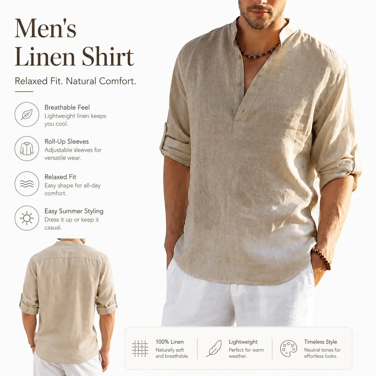 New Arrival Men's Cotton Linen Long Sleeve Shirts, Loose Fit Casual Blouse Tops, Breathable Lightweight Spring Autumn Daily Wear Handsome Relaxed Shirts for Men