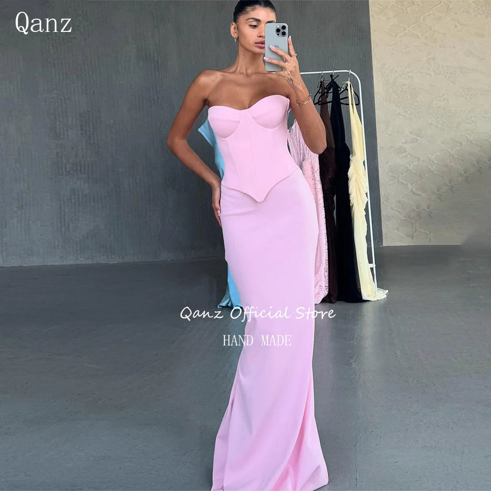 Qanz Pink Women Prom Dress Sweerhert Corset Back Evening Dresses Woman Elegant 2 Pieces Mermaid Vestidos De Gala Customized