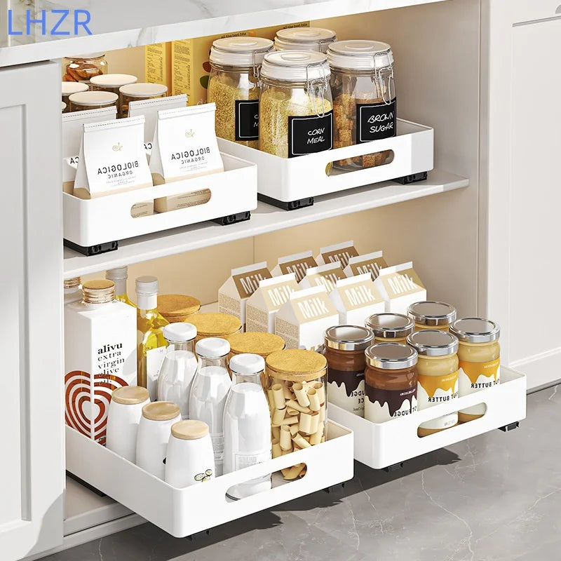 No drilling drawer storage organizer slide rail pull out kitchen cabinet storage rack suitable for kitchen cabinet organizer