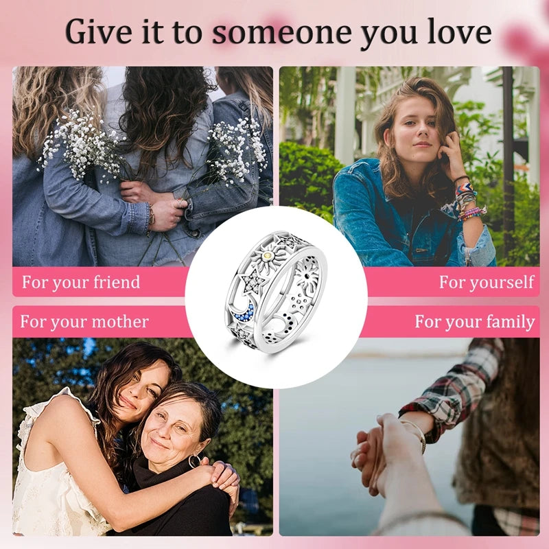 925 Sterling Silver Sun And Moon Crown Love Princess Zircon Oxide Enamel Heart Love Rings Fashion Jewelry For Women Gifts New in