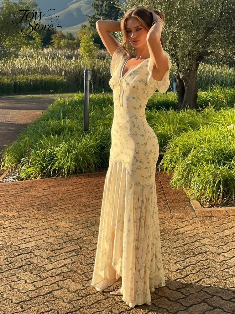 Y2k Floral Print Women's Long Dress Elegant Ruffle V-neck Cap Sleeve Summer Dresses 2026 Female Casual Vacation Party Outfit
