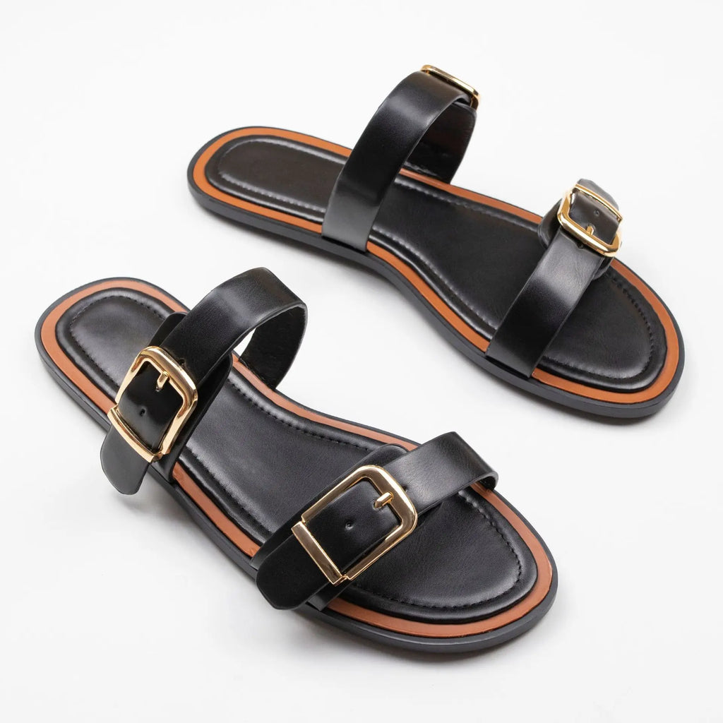Ladies Casual Buckle Strap Flat Sandals – Open Toe Leather Slide Slippers for Summer Beach & Daily Use