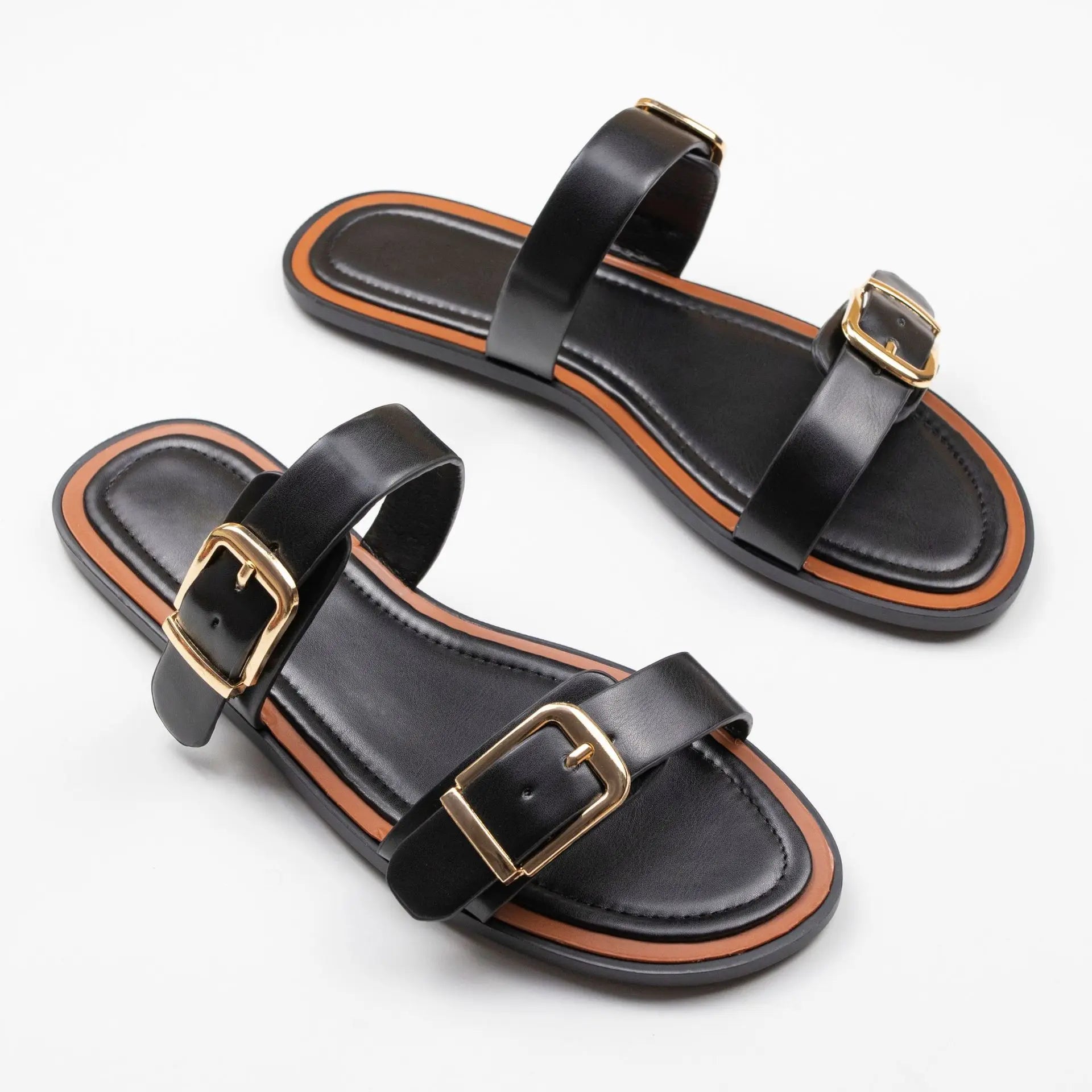 Ladies Casual Buckle Strap Flat Sandals – Open Toe Leather Slide Slippers for Summer Beach & Daily Use