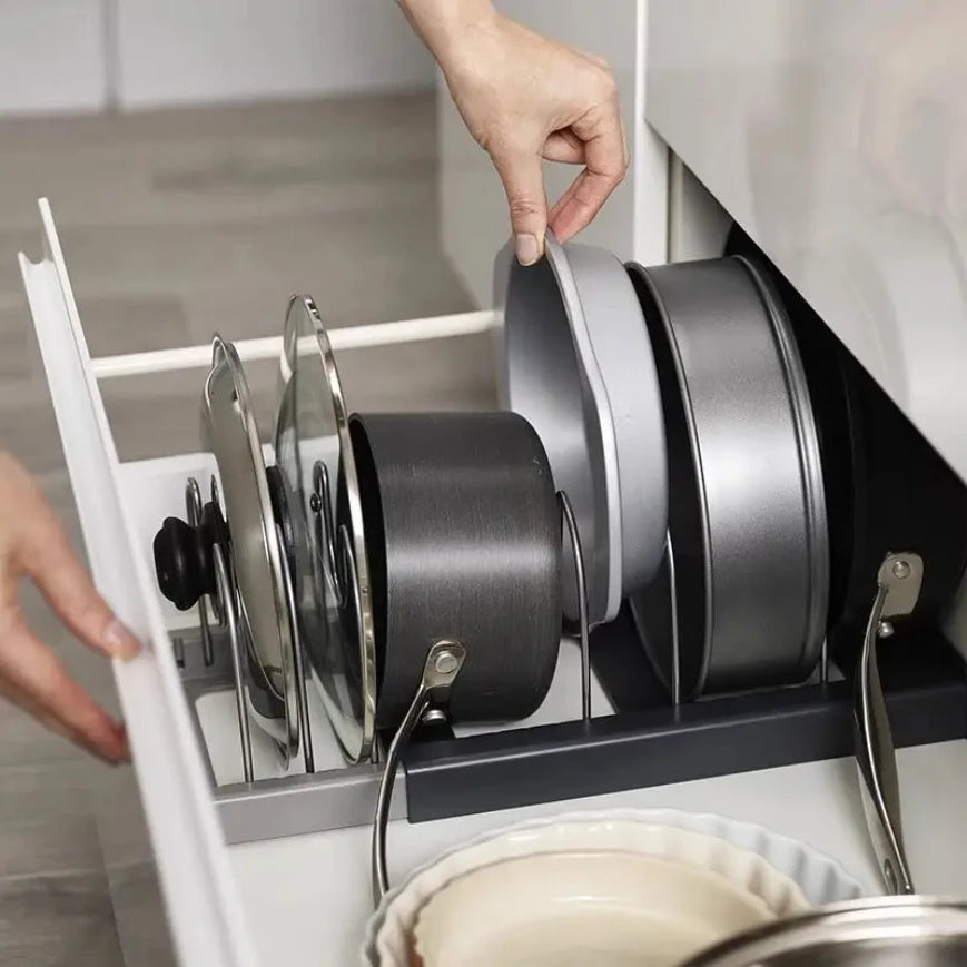 Kitchen Storage Solution Expandable Stainless Steel Rack for Pan Pot Lid Cutting Board Dish Drying and Cookware Organizer