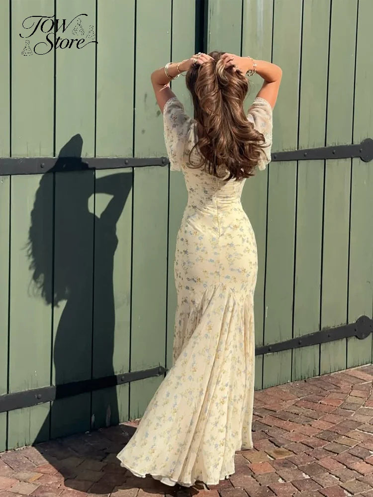 Y2k Floral Print Women's Long Dress Elegant Ruffle V-neck Cap Sleeve Summer Dresses 2026 Female Casual Vacation Party Outfit