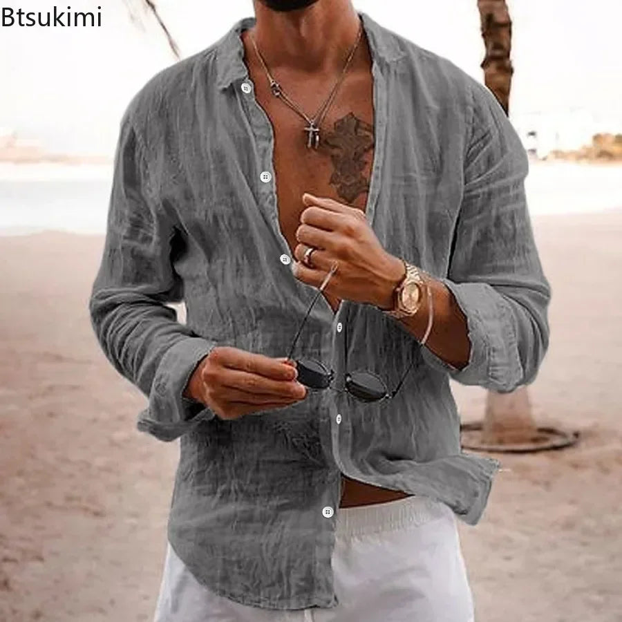 2026 Men's Cotton Linen Shirts Top Simple Laple Solid  Man Shirts Tops Comfortable Loose Casual Holiday Shirts for Men Blouses