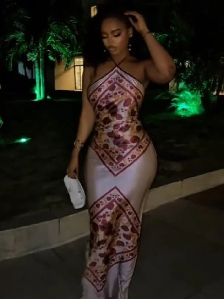 Chic Elegant Satin Dress Floral Print Slim Bodycon Women Dresses Evening Party Wedding Guest Summer Streetwear