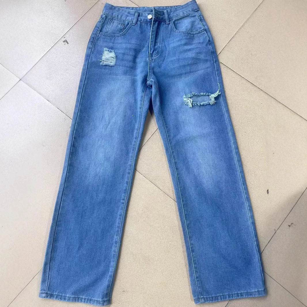 Women's Blue Ripped Jeans for Spring and Summer; Black Distressed Non-stretch Denim Pants with Frayed Hems for Fall.
