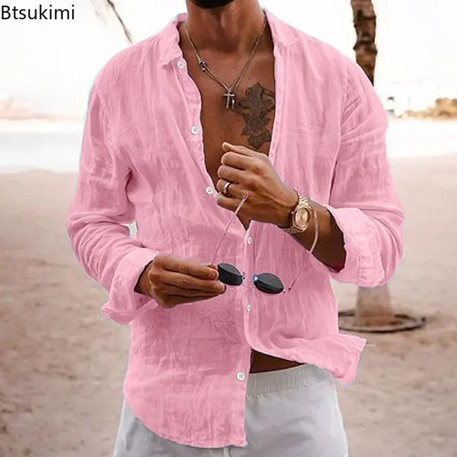 2026 Men's Cotton Linen Shirts Top Simple Laple Solid  Man Shirts Tops Comfortable Loose Casual Holiday Shirts for Men Blouses