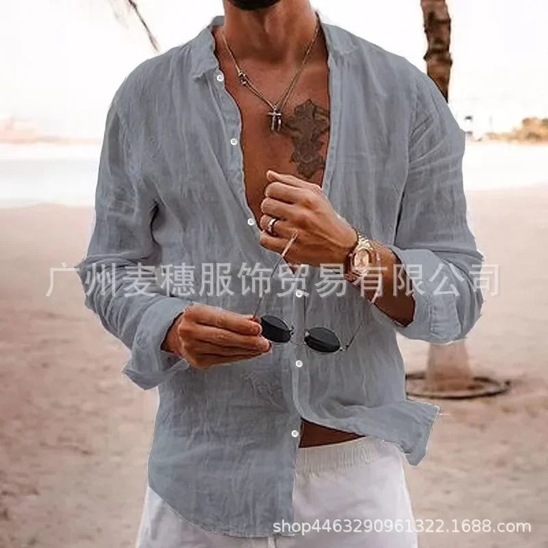 2026 Men's Cotton Linen Shirts Top Simple Laple Solid  Man Shirts Tops Comfortable Loose Casual Holiday Shirts for Men Blouses