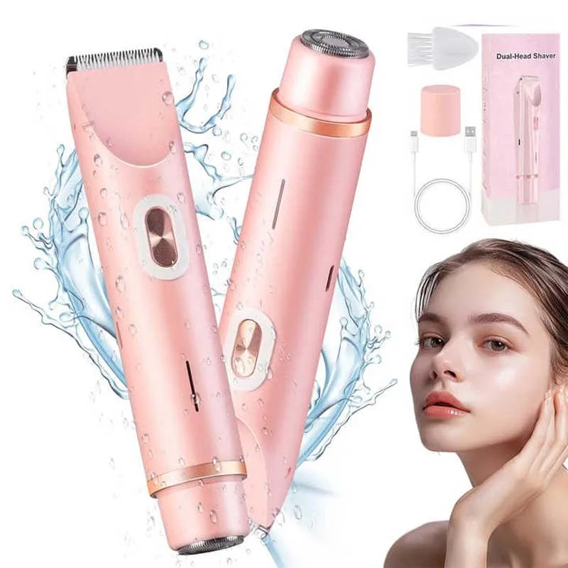 Rasoir électrique rechargeable 2-en-1 pour femme – Double tête, étanche, tondeuse bikini et rasoir pour le corps et le visage.
