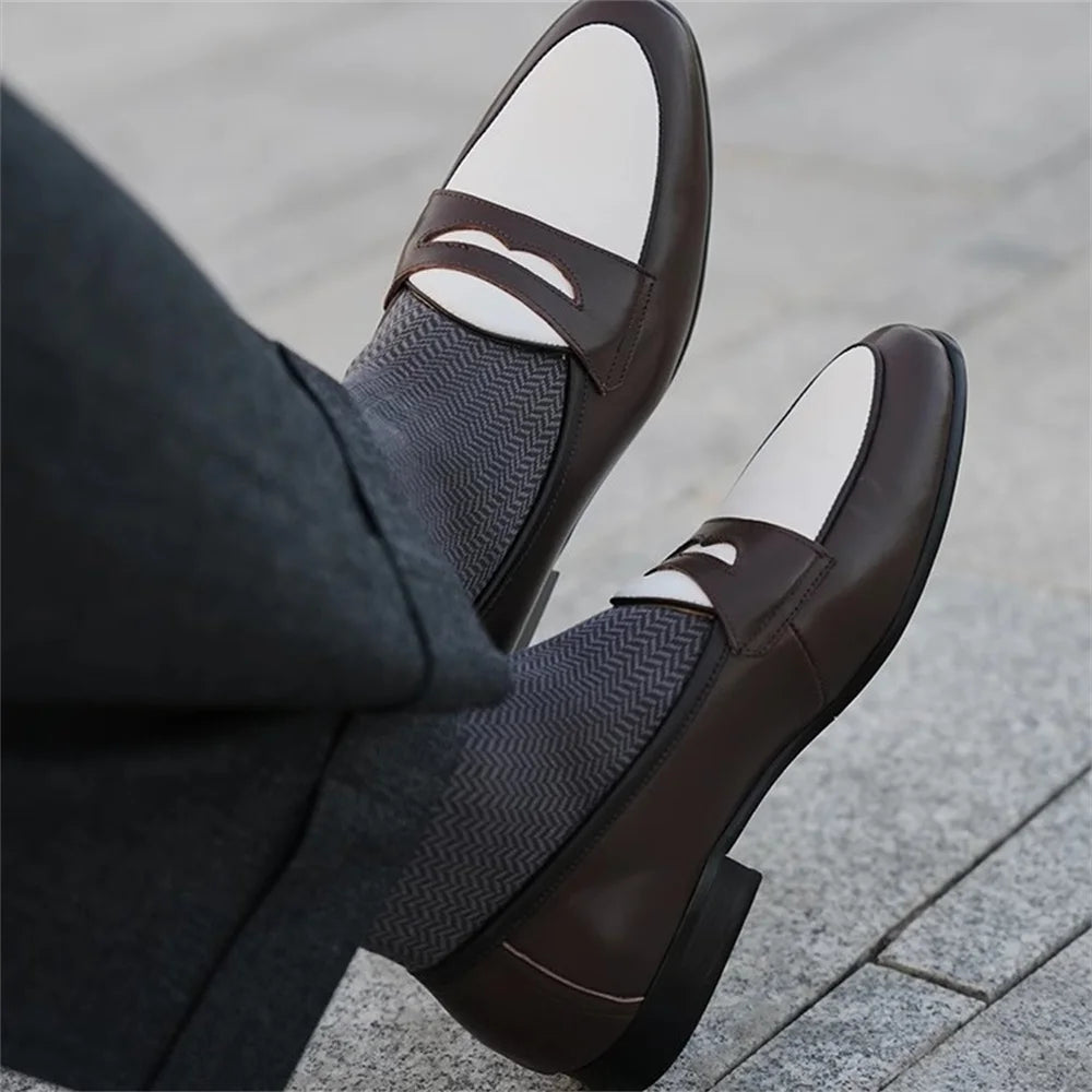 Color Blocked Lazy Shoes Round Toe Handmade Cowhide Summer Casual Men Loafers British Style Slip On Business Formal Shoes