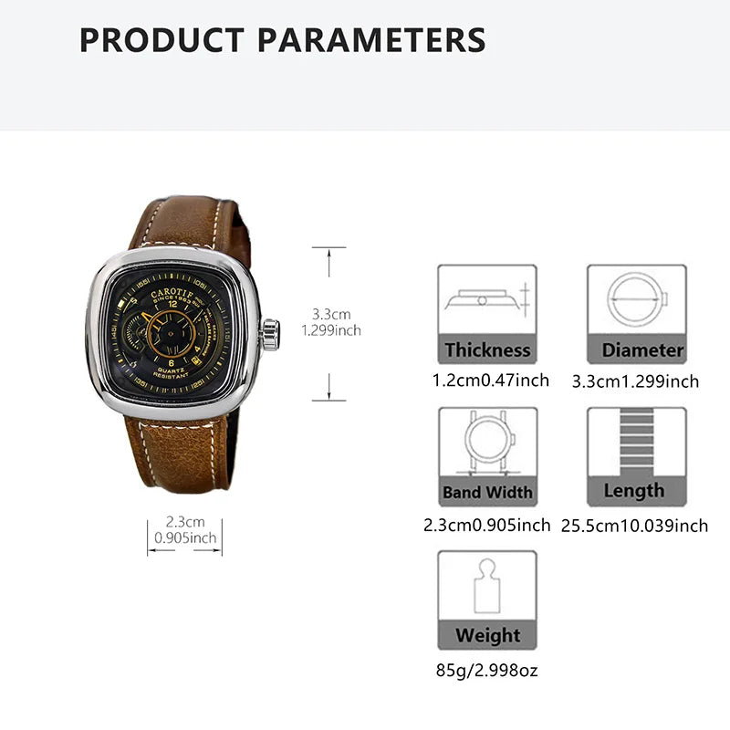 Men's Brown Leather Belt Sports Fashion Compass Calendar Quartz Watch