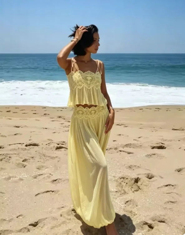 Women Pink Lace Double Strap Crop Top Two Piece Set Boho Sleeveless Flowy Matching Outfit 2026 Seaside Vacation Casual Outfits