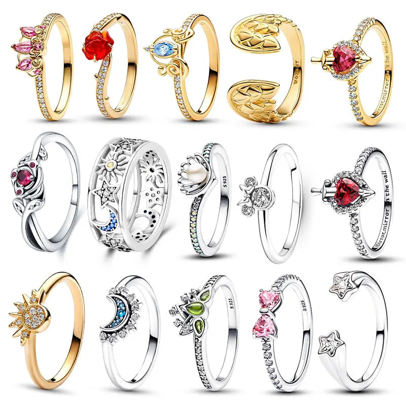 925 Sterling Silver Sun And Moon Crown Love Princess Zircon Oxide Enamel Heart Love Rings Fashion Jewelry For Women Gifts New in