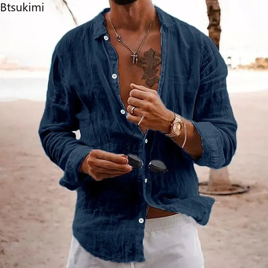 2026 Men's Cotton Linen Shirts Top Simple Laple Solid  Man Shirts Tops Comfortable Loose Casual Holiday Shirts for Men Blouses