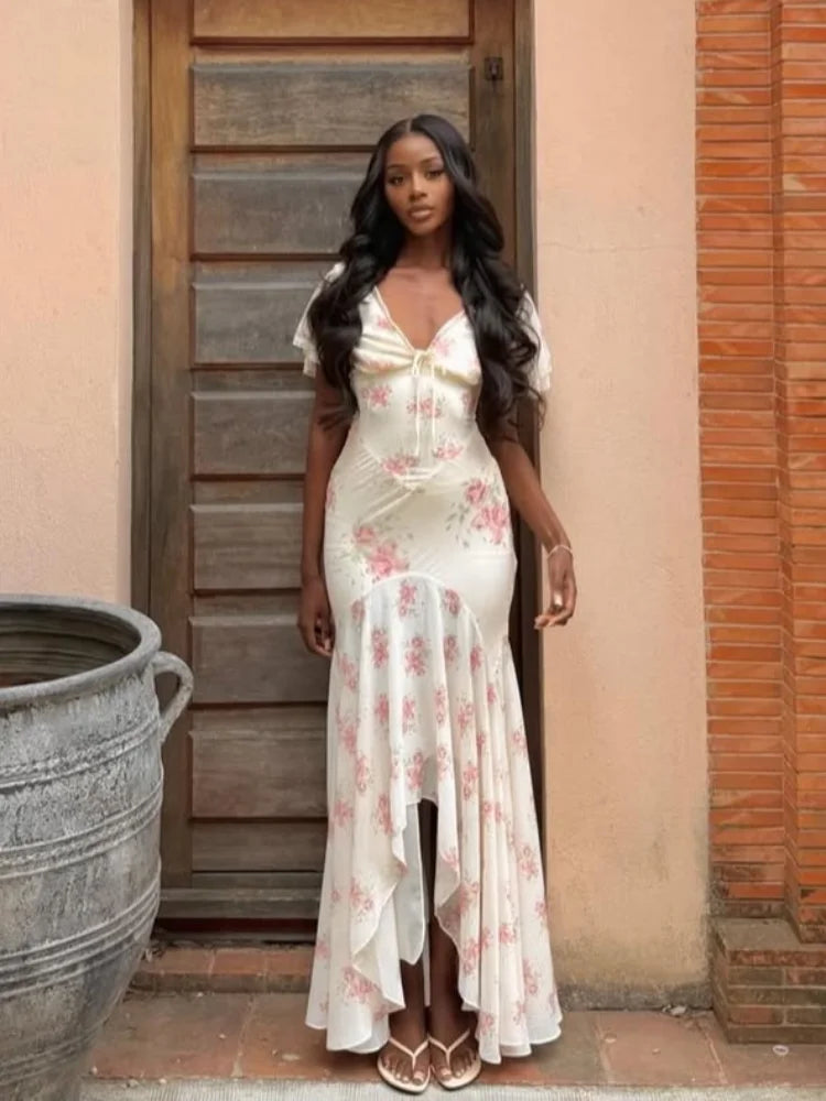 Women Elegant Printed Fishtail Dress Sexy V-neck Short Sleeve Waist-cinching Pleated Slim Maxi Dresses 2026 Lady Vacation Robe