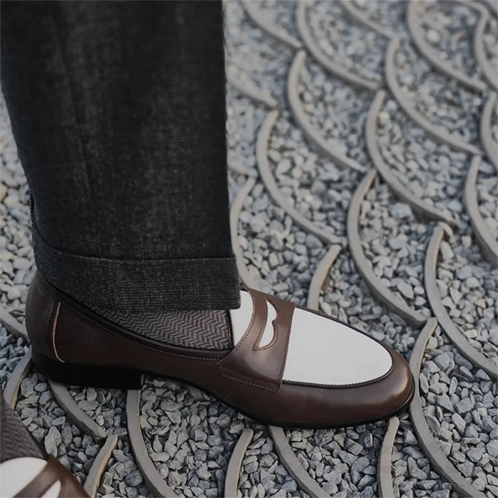 Color Blocked Lazy Shoes Round Toe Handmade Cowhide Summer Casual Men Loafers British Style Slip On Business Formal Shoes