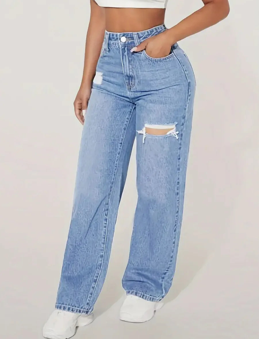 Women's Blue Ripped Jeans for Spring and Summer; Black Distressed Non-stretch Denim Pants with Frayed Hems for Fall.