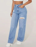 Women's Blue Ripped Jeans for Spring and Summer; Black Distressed Non-stretch Denim Pants with Frayed Hems for Fall.