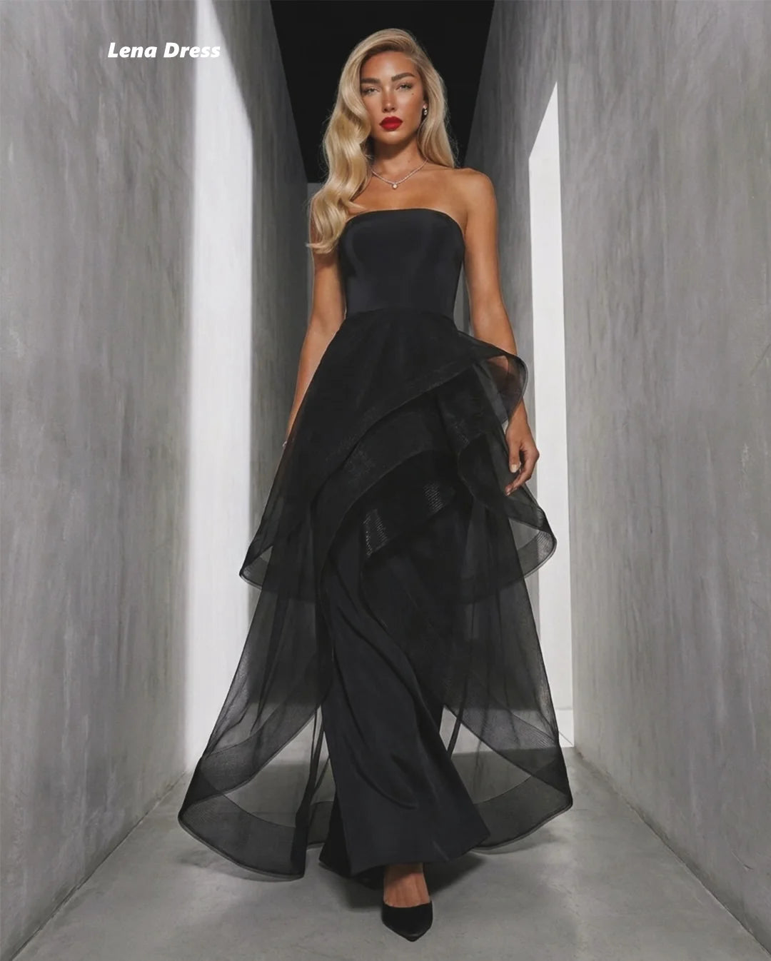 Lena Evening Dresses Woman Elegant Dress Luxury Women's Evening Dresses Line A Sleeveless Customized Black Multi-layer Party