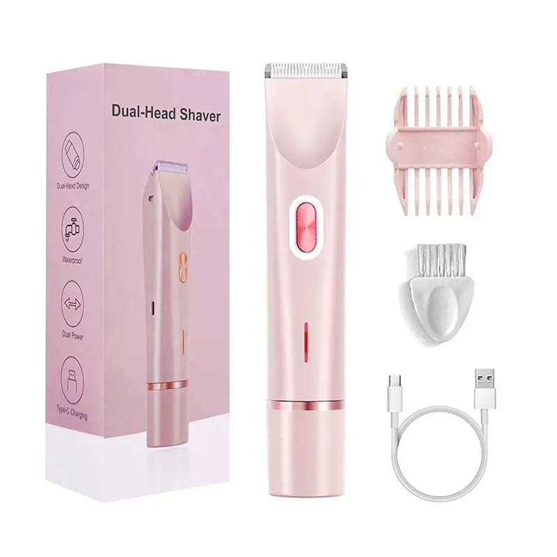 Rasoir électrique rechargeable 2-en-1 pour femme – Double tête, étanche, tondeuse bikini et rasoir pour le corps et le visage.