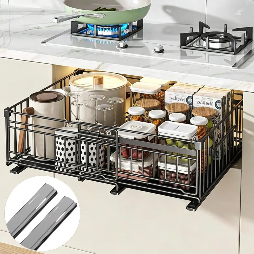 2Pcs Pull-out Cabinet Storage Rack Kitchen Scalable No-drilling Sliding Storage Drawer Racks for Seasoning&Sundries Organizer