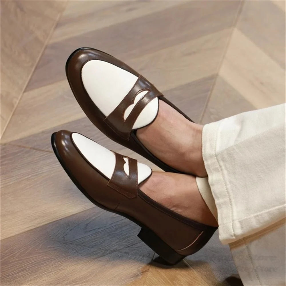 Color Blocked Lazy Shoes Round Toe Handmade Cowhide Summer Casual Men Loafers British Style Slip On Business Formal Shoes
