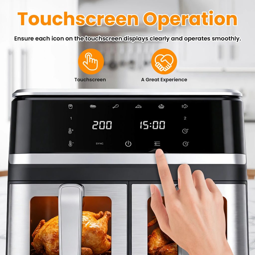 Friteuse à air double panier 9 L – 12 programmes, écran tactile et fenêtre transparente