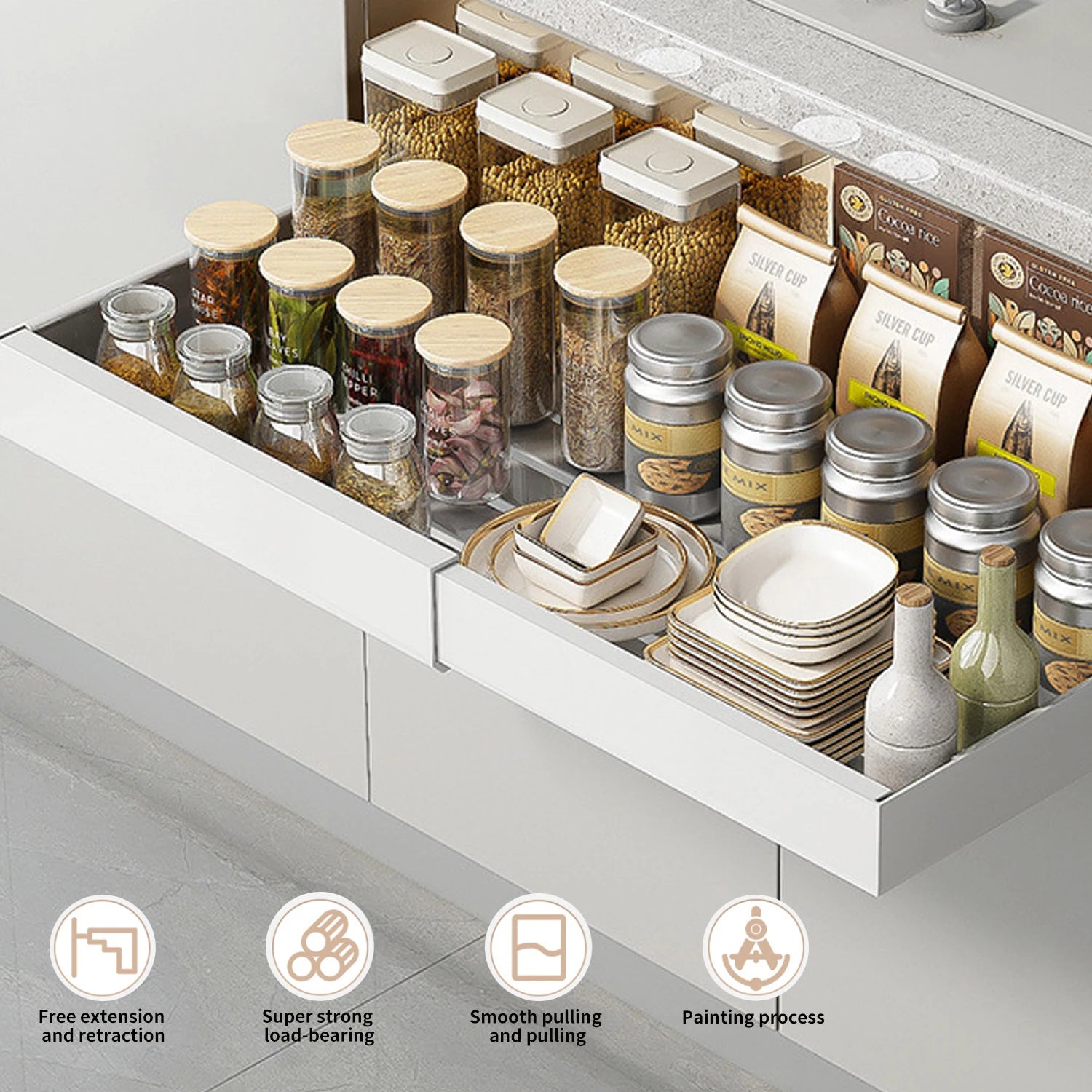 2/1Pcs Telescopic Drawer Extendable Pull-Out Cabinet Baskets No Drilling Kitchen Spice Jar Storage Rack Sundries Storage Holder