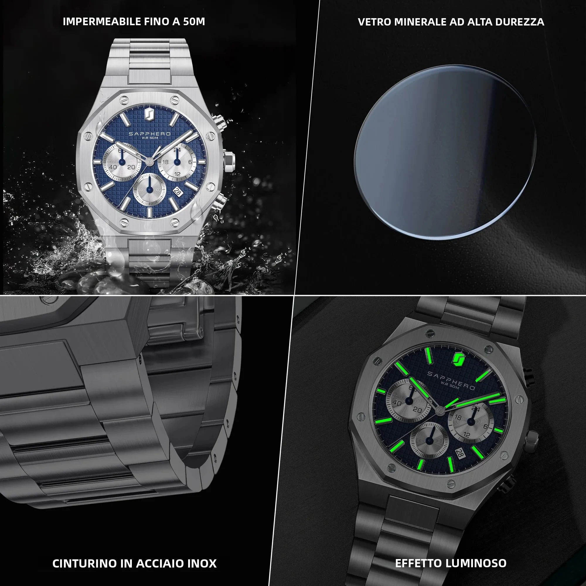 SAPPHERO Men’s Chronograph Quartz Watch 50M Waterproof Stainless Steel Sport Business Luxury Wristwatch Blue Dial
