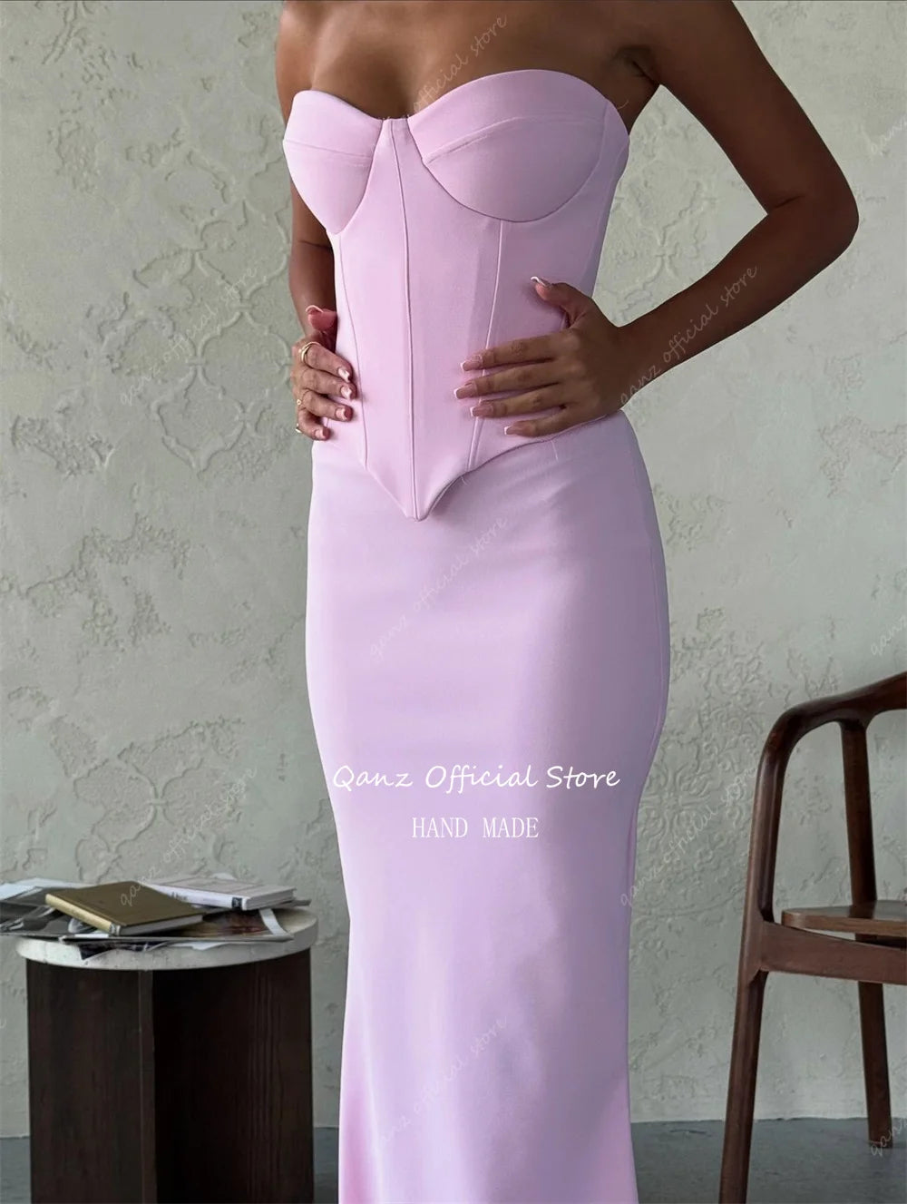 Qanz Pink Women Prom Dress Sweerhert Corset Back Evening Dresses Woman Elegant 2 Pieces Mermaid Vestidos De Gala Customized