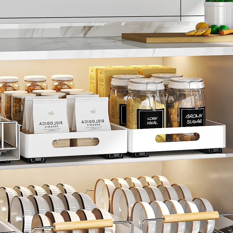 No drilling drawer storage organizer slide rail pull out kitchen cabinet storage rack suitable for kitchen cabinet organizer