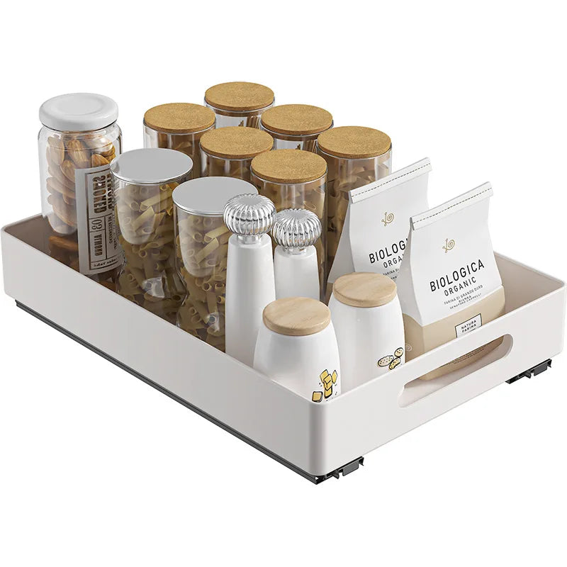 No drilling drawer storage organizer slide rail pull out kitchen cabinet storage rack suitable for kitchen cabinet organizer