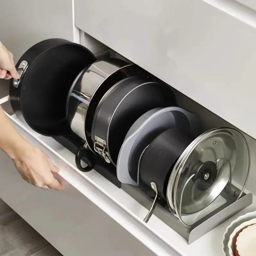 Kitchen Storage Solution Expandable Stainless Steel Rack for Pan Pot Lid Cutting Board Dish Drying and Cookware Organizer