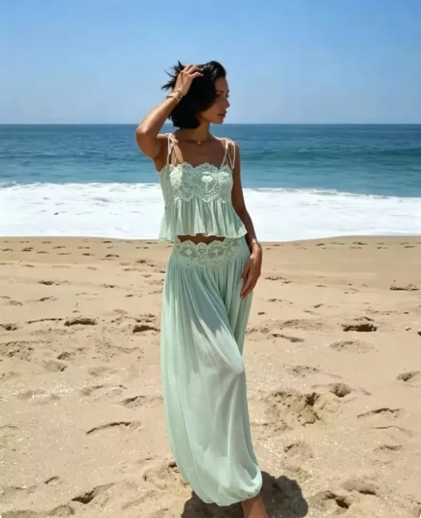Women Pink Lace Double Strap Crop Top Two Piece Set Boho Sleeveless Flowy Matching Outfit 2026 Seaside Vacation Casual Outfits